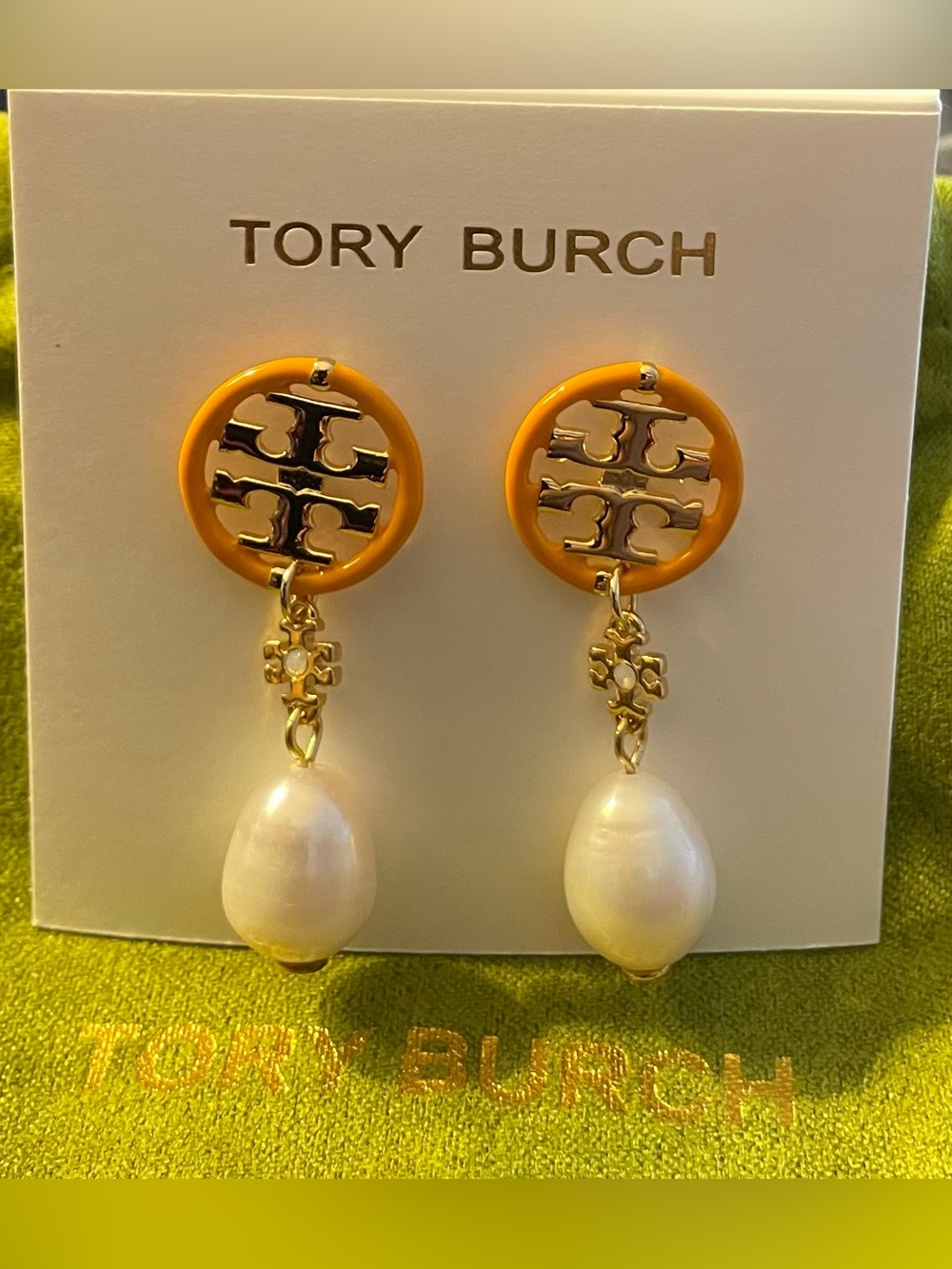 Tory Burch Gold and Orange Enamel Logo Drop Earrings with Pearl Pendants